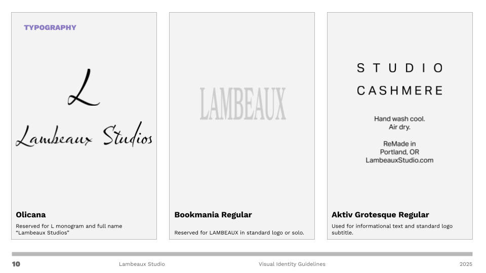 A display of all the brand typography. There are three columns, each showcasing a usage of a different typeface.