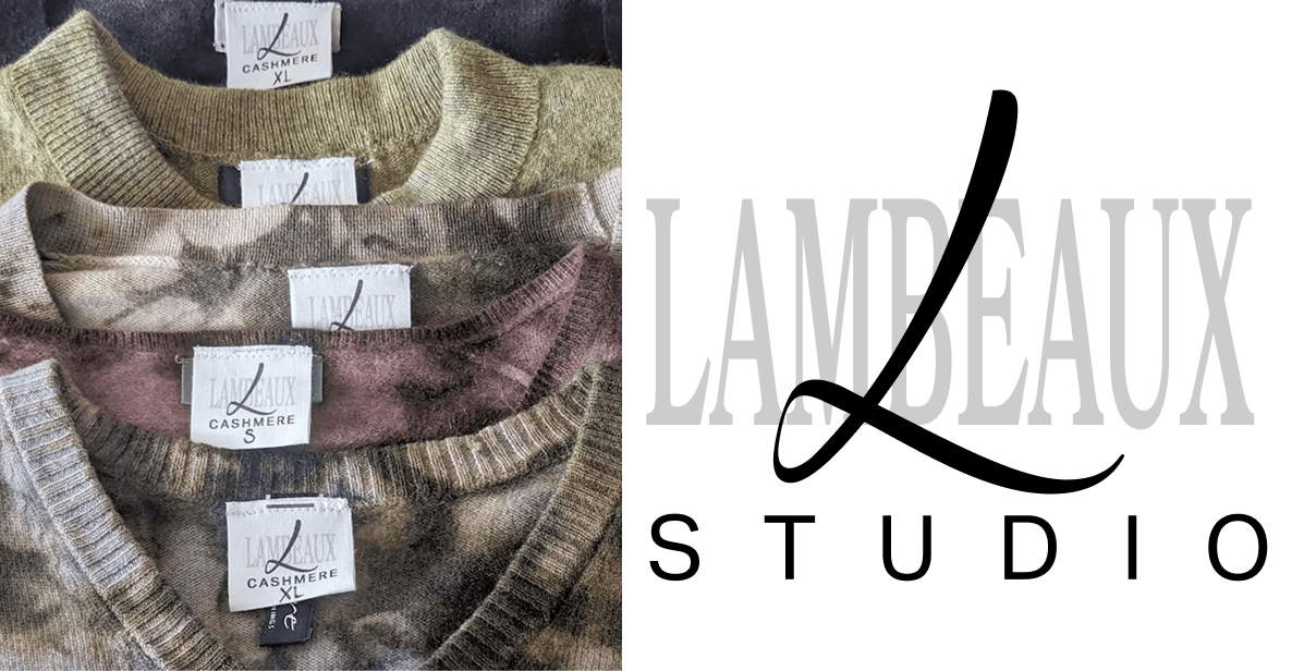 On the left, there's a photo of several cashmere sweaters in a stack. The photo is cropped to show a closeup of the necklines with the Lambeax Studio cotton tag. On the right is a large version of the Lambeaux Stuio logo.