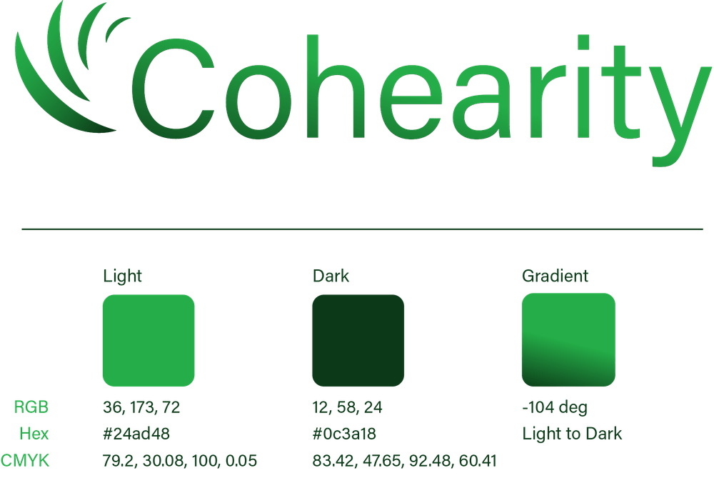 Logo and color specifications for the cohearity logo.
