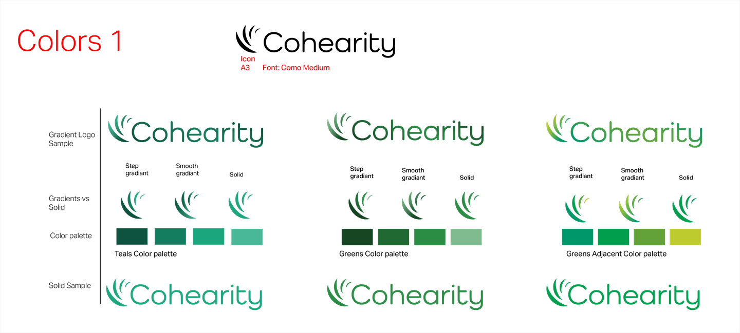 The first round of color pallets for feedback. There are three green and green to yellow gradients.