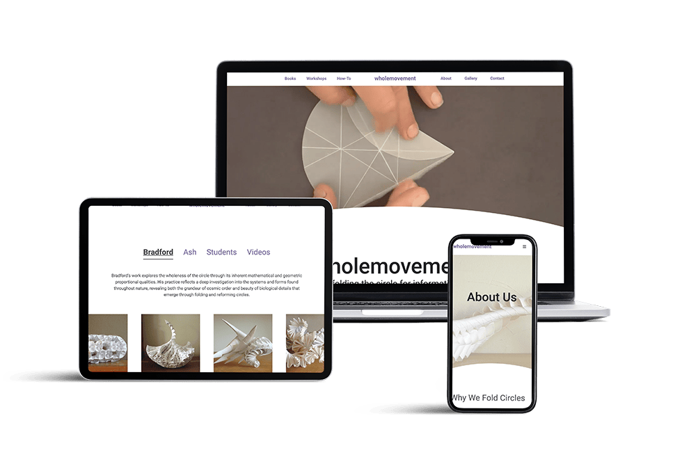 The wholemovement website displayed on a laptop, tablet, and smartphone showing sections about folding circles, including images of folded paper art and 'About Us' content.