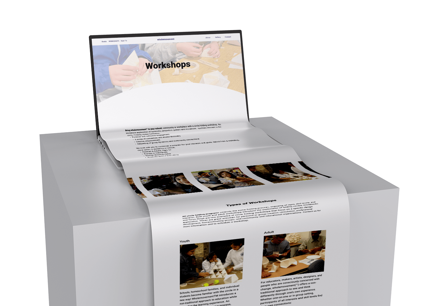 3D illustration of a laptop with a webpage titled 'Workshops' displayed, showing text and photos of people engaged in crafting activities.