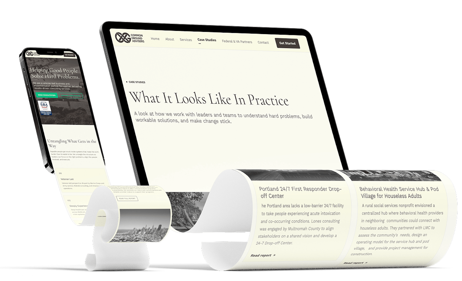 A mockup of the case studies page scrolling off of a tablet. Next to it is a mockup of the home page scrolling off a phone.