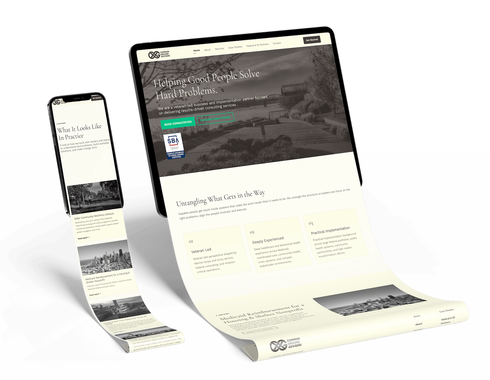 A mockup of the homepage scrolling off of a tablet. Next to it is a mockup of the case studies page scrolling off a phone.