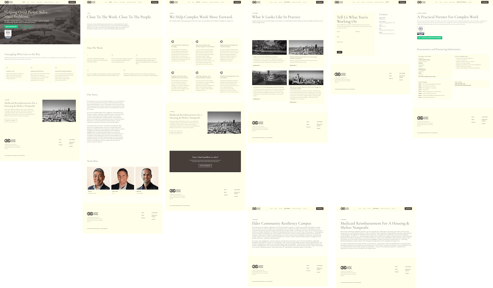 An image of 8 high fidelity webpage designs for the CGA website.