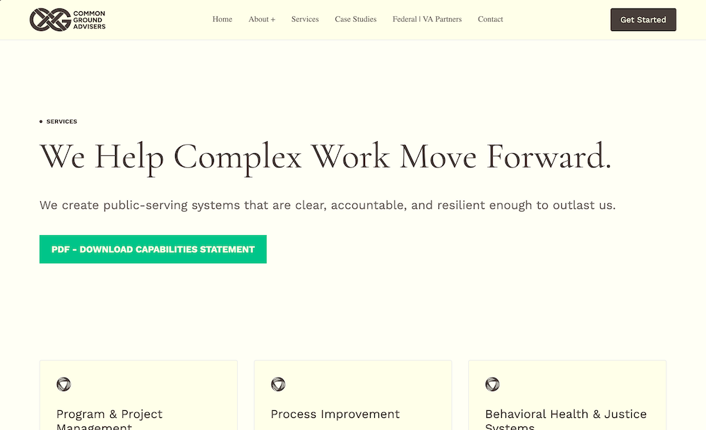 A screenshot of the Services page, showing a hero title with lots of negative space and an elegant serif title font.