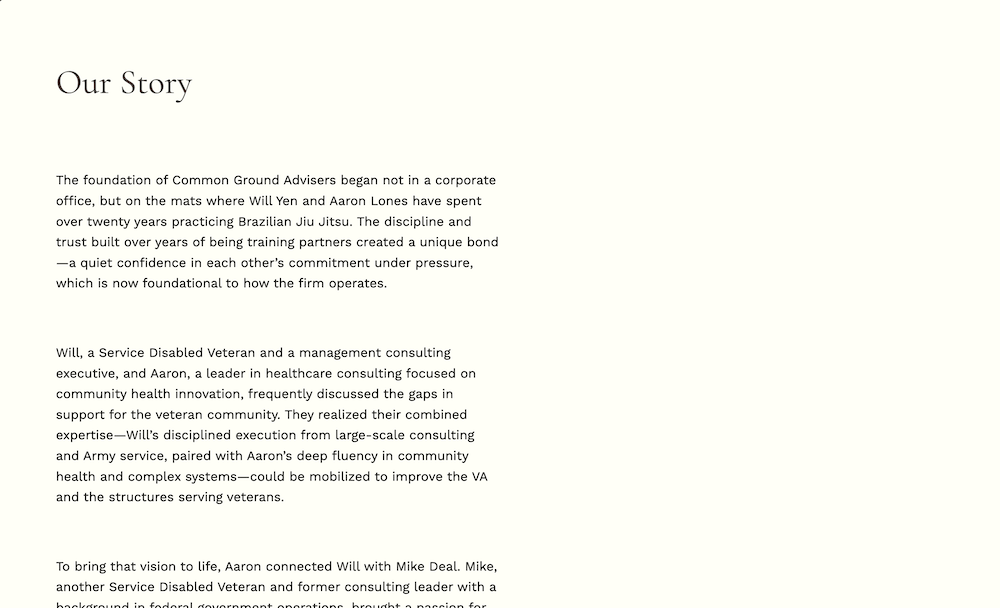A screenshot of the "our Story" section of the About page. the right half of the screen is negative space giving the text lots of breathing room.