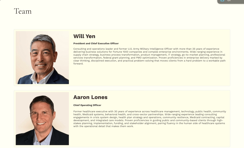 A screenshot of the Team section of the about page. There are horizontal cards with a headshot on the left and a Name, title , and bio on the right. Everything is on a warm cream background.