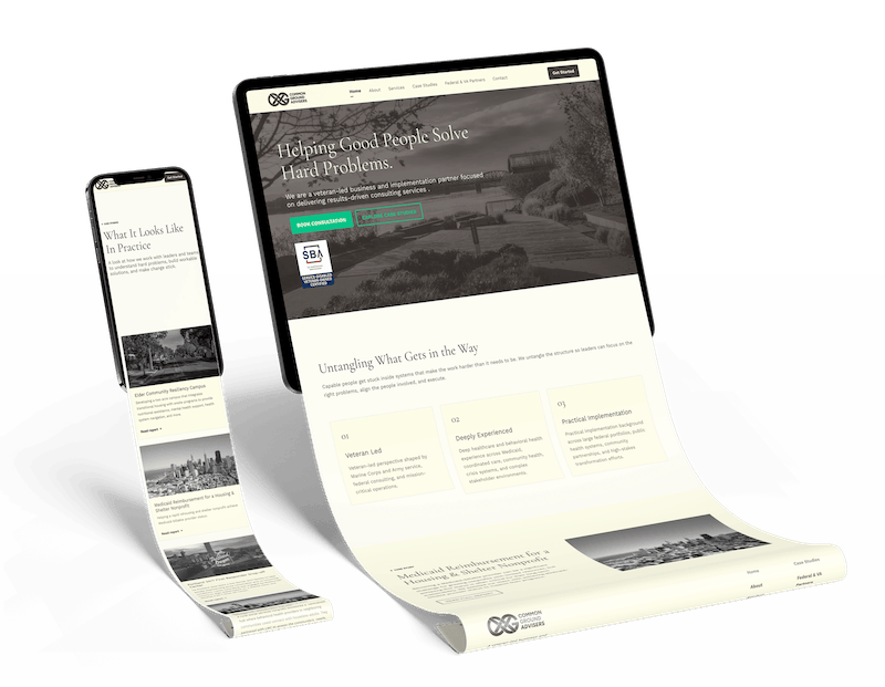 A mockup of the homepage scrolling off of a tablet. Next to it is a mockup of the case studies page scrolling off a phone.