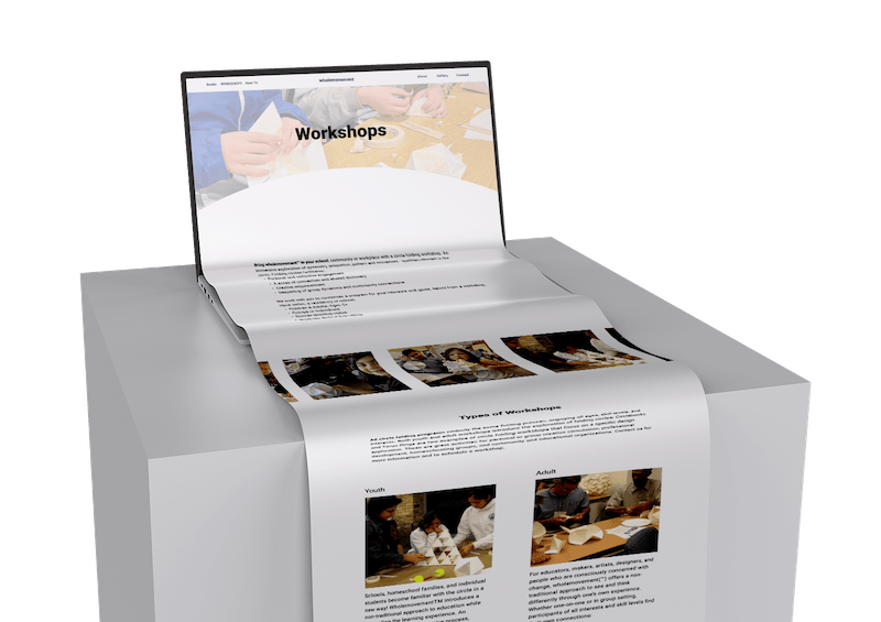 3D illustration of a laptop with a webpage titled 'Workshops' displayed, showing text and photos of people engaged in crafting activities.