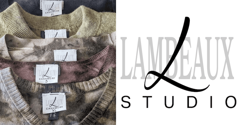On the left, there's a photo of several cashmere sweaters in a stack. The photo is cropped to show a closeup of the necklines with the Lambeax Studio cotton tag. On the right is a large version of the Lambeaux Stuio logo.