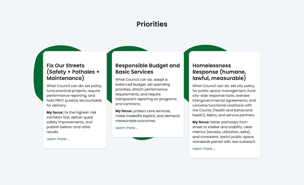 Screenshot of the Priories section of the home page, showing simple organic shapes in the background of each paragraph.