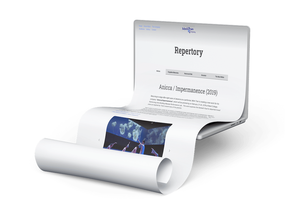 A long scroll mockup of the repertory page scrolling off of the computer.