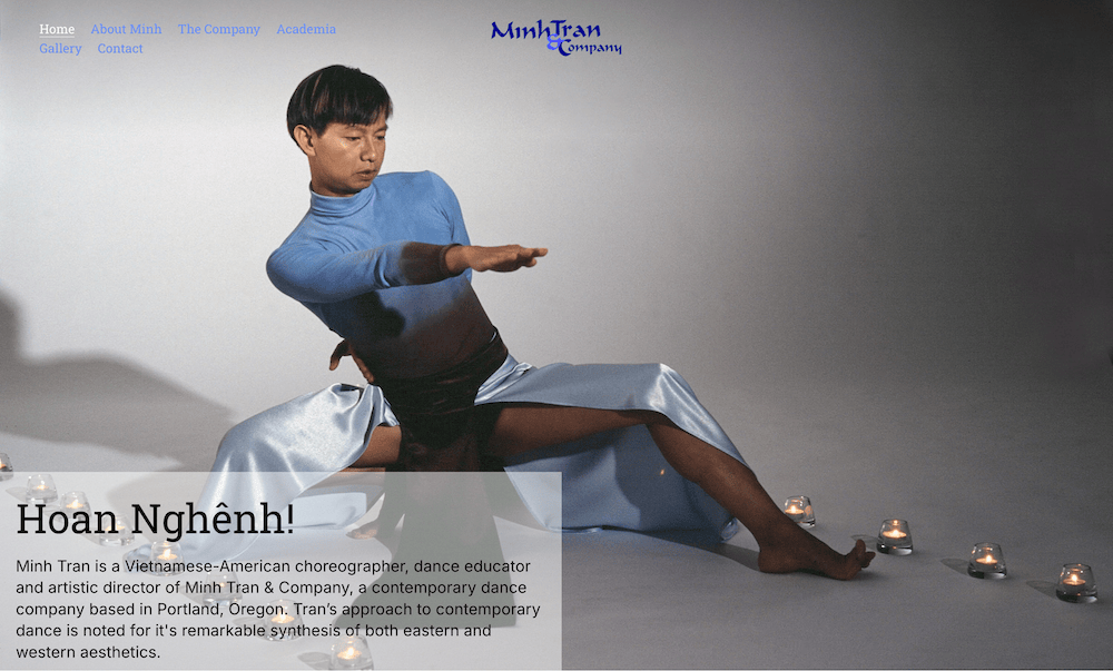 Screenshot of the home page with a full screen photo of Minh dancing on stage.