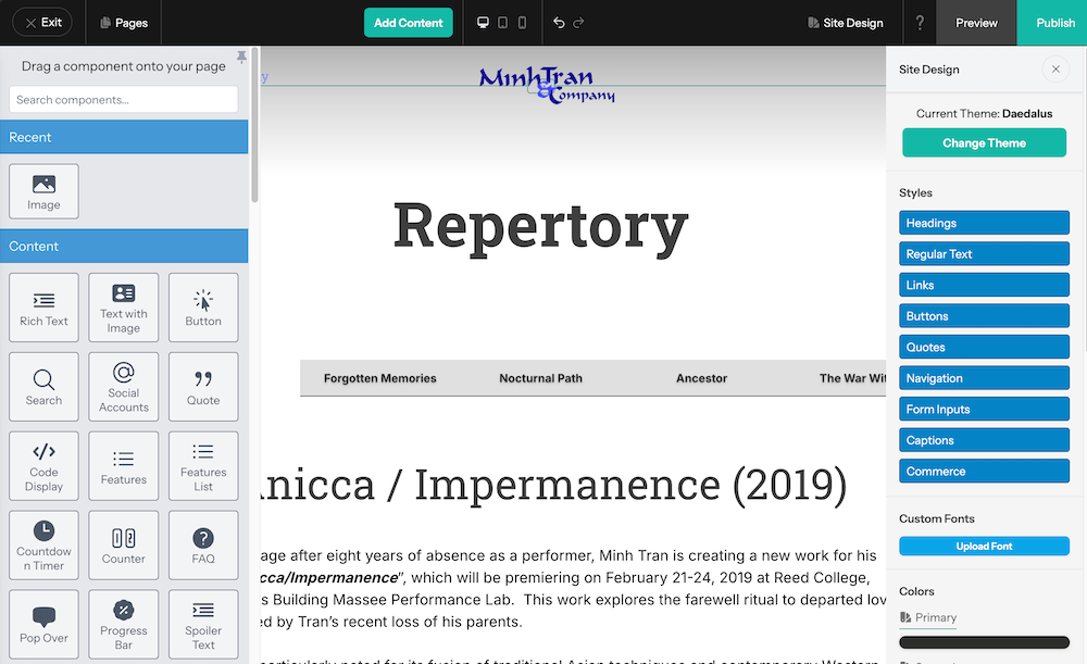Screenshot of the widget based editor provided by the pork bun site builder.