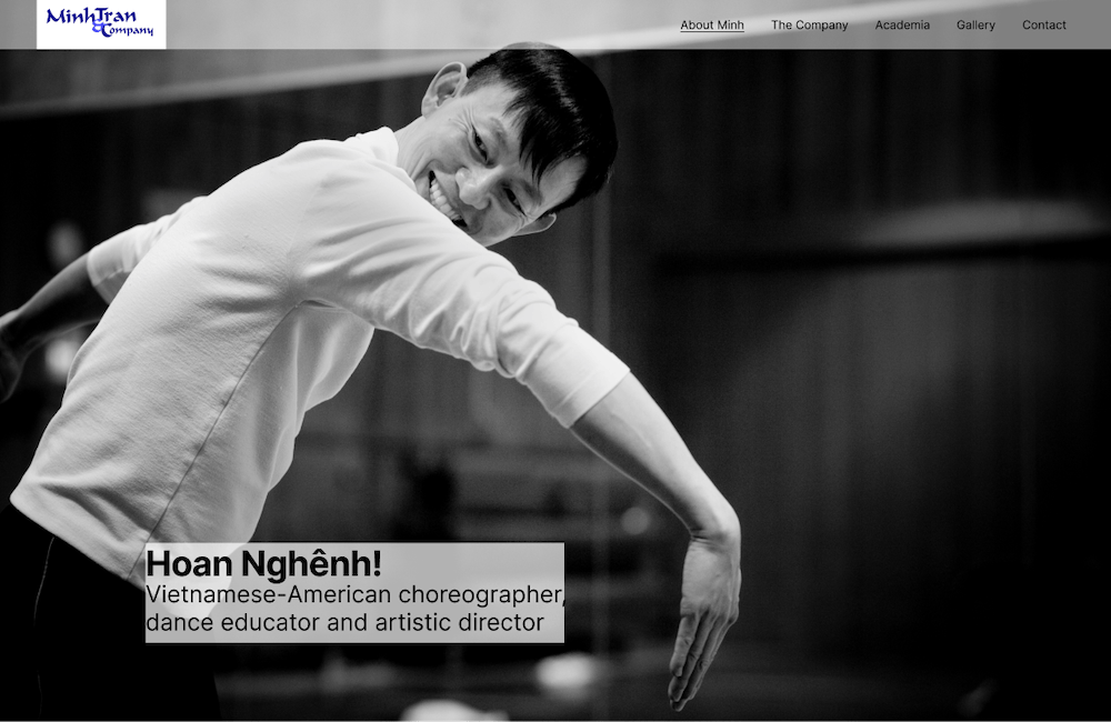 Screenshot of the Minh Tran home page, featuring a full screen photo of Minh teaching dance, with a welcome note overlaying the corner.