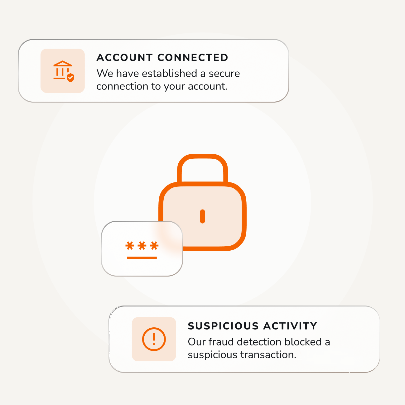 A graphic showing different UI alerts: "Secure account connection" and "suspicious activity" 