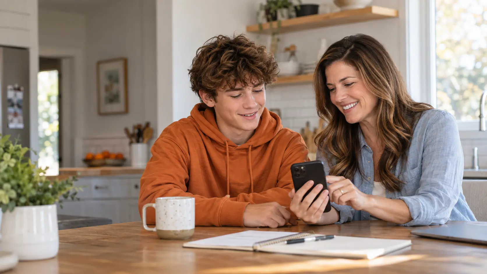 A parent and teenager looking at a phone together at their kitchen table
