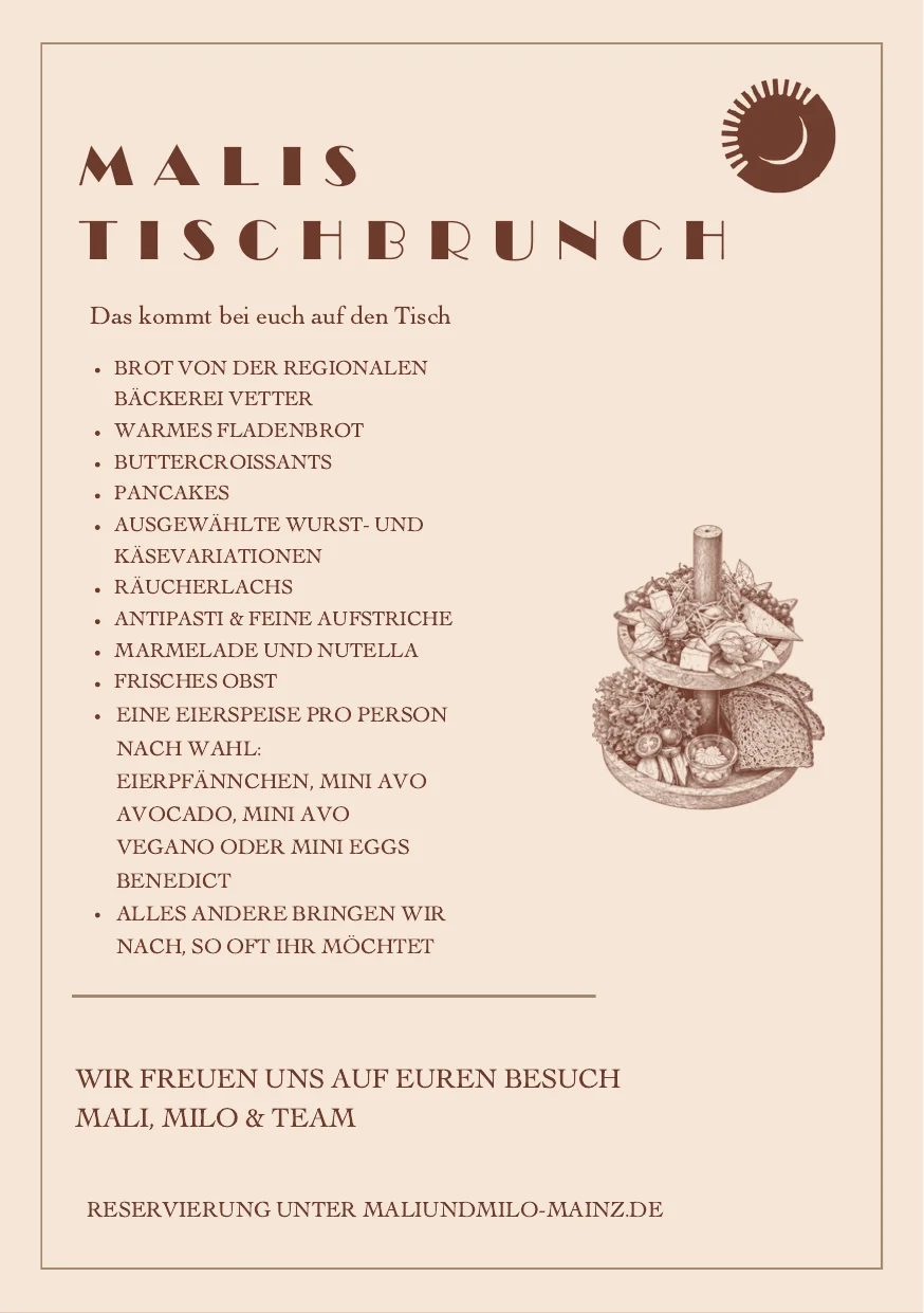 Was beim Tischbrunch im Mali & Milo Mainz auf den Tisch kommt: Brot der Bäckerei Vetter, Croissants, Pancakes, Eierspeise nach Wahl