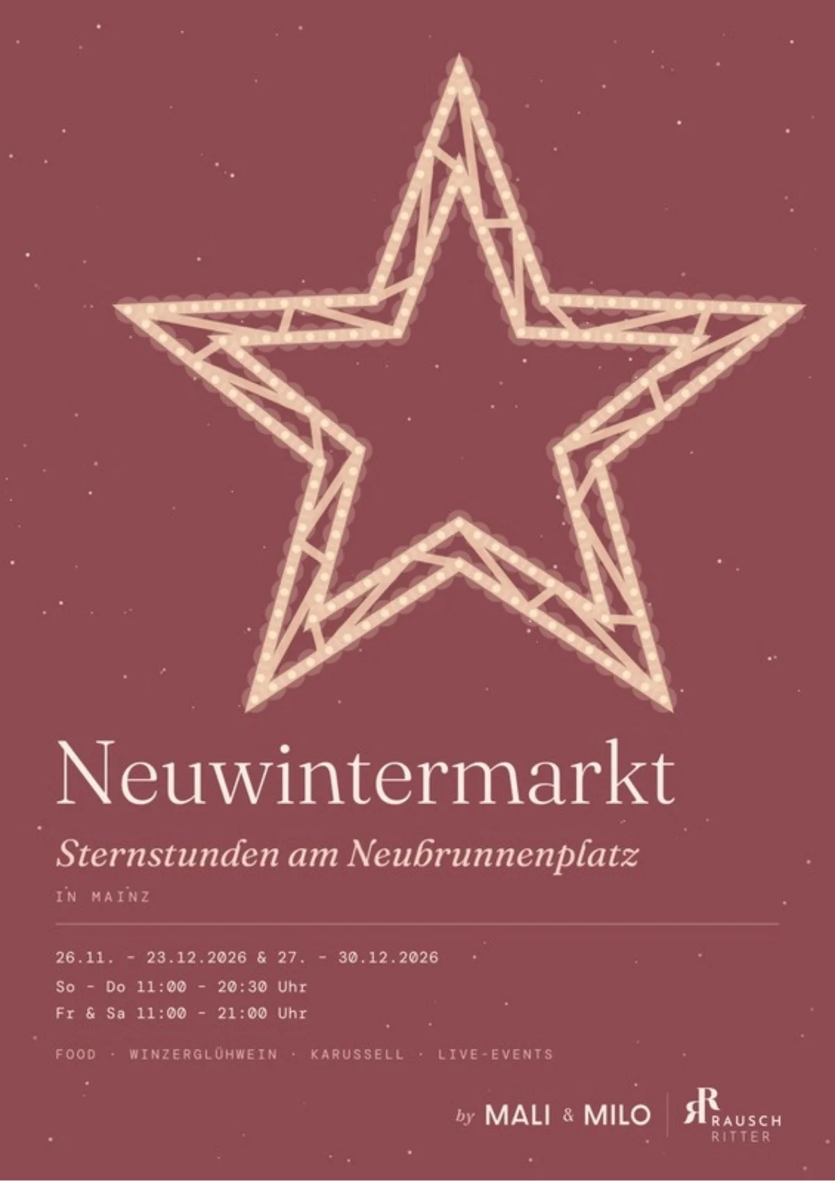 Flyer Neuwintermarkt am Neubrunnenplatz Mainz: 26.11.–23.12. und 27.–30.12.2026, Winzerglühwein, Food, Karussell, Live-Events