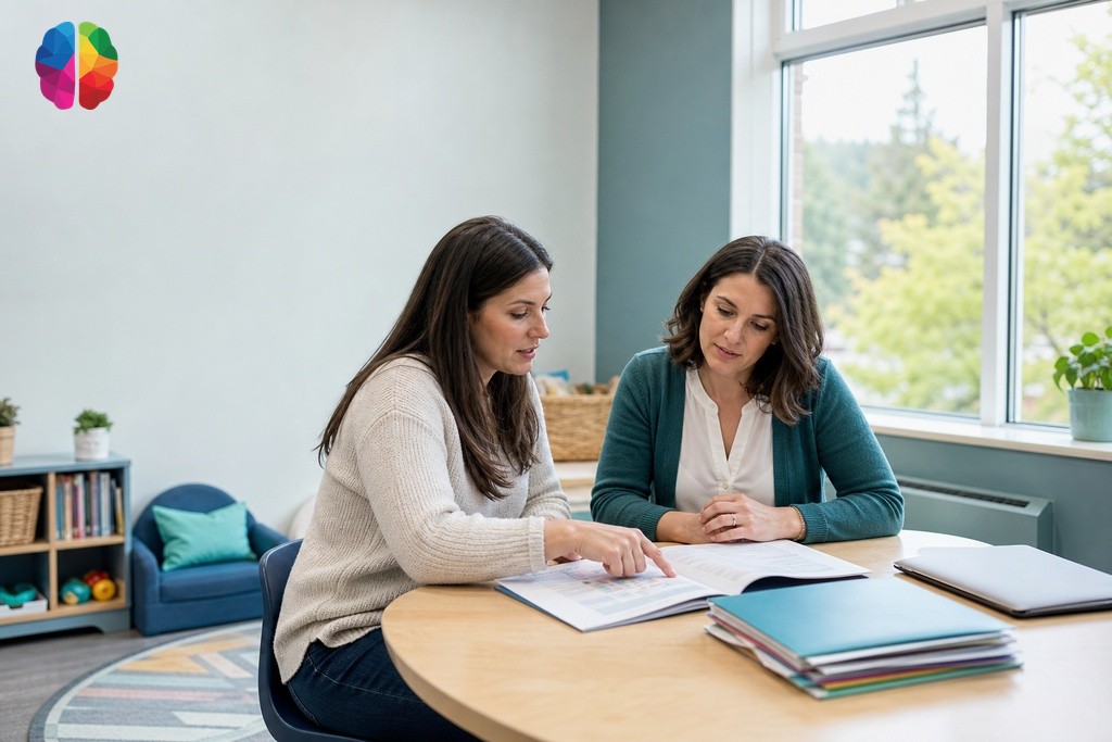 Parent and school resource teacher reviewing psychoeducational assessment report to arrange BC school accommodations