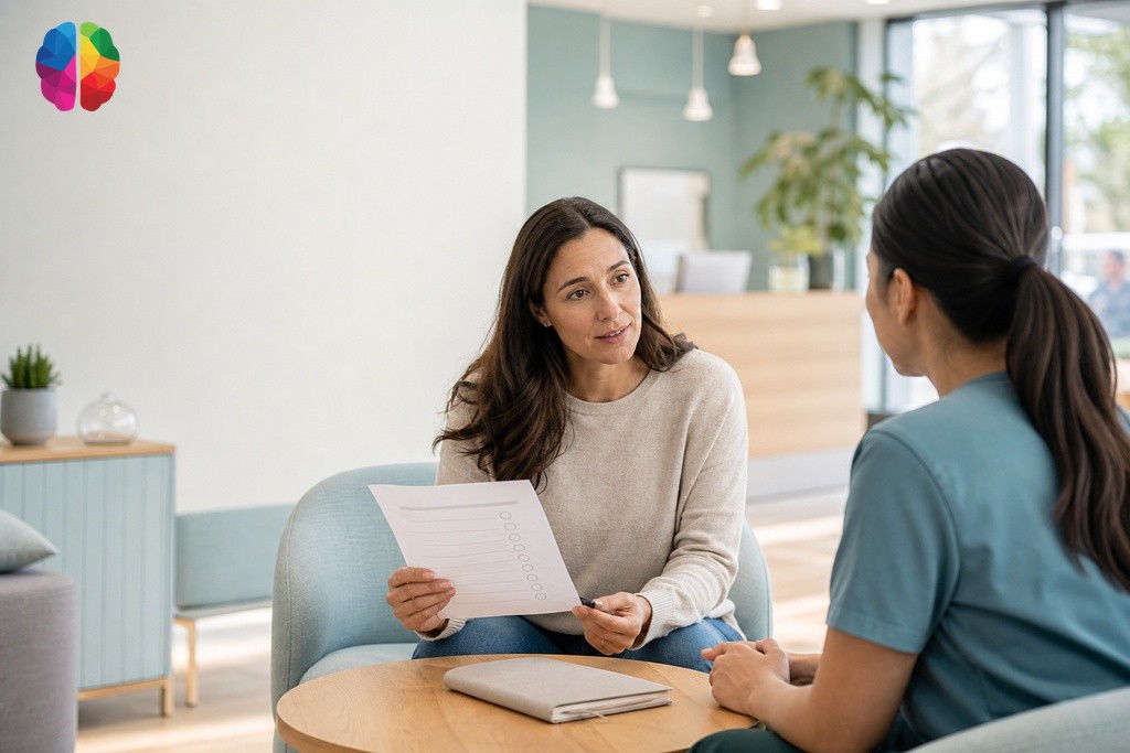 Parent consulting clinic coordinator with checklist before booking a learning assessment in BC, reviewing admissions timeline