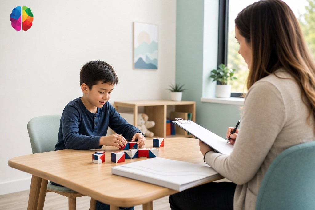 Child completing standardised block puzzle task with clinician during psychoeducational assessment in Vancouver clinic