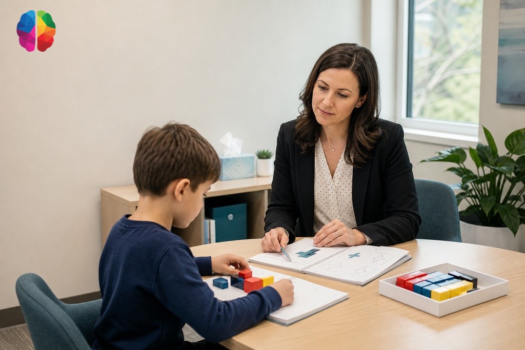 Child completing standardized cognitive tasks with psychologist during psychoeducational assessment session