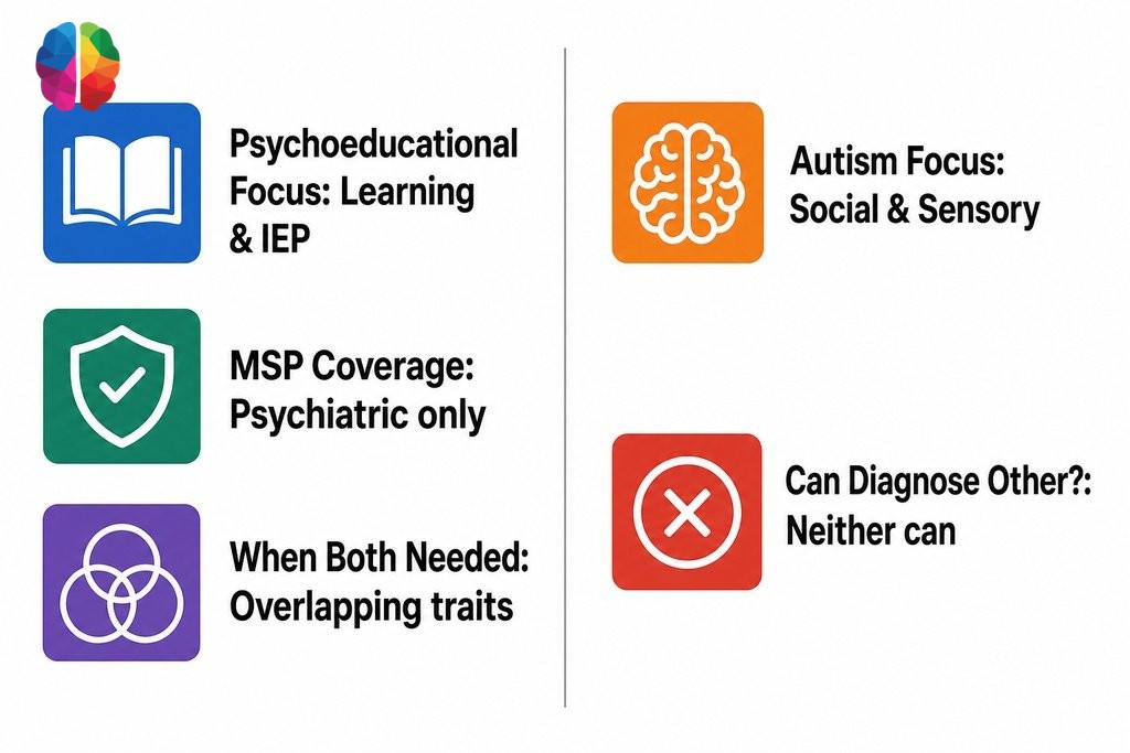 Comparison of autism assessment vs psychoeducational assessment covering purpose, areas evaluated, and school use in BC.