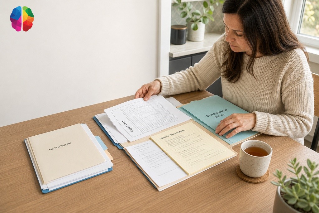 Parent organizing school reports, teacher notes, and developmental records before booking a child assessment in BC