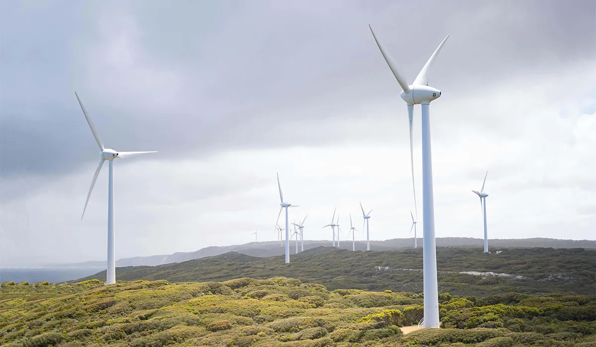 Wind turbines on hilltop.