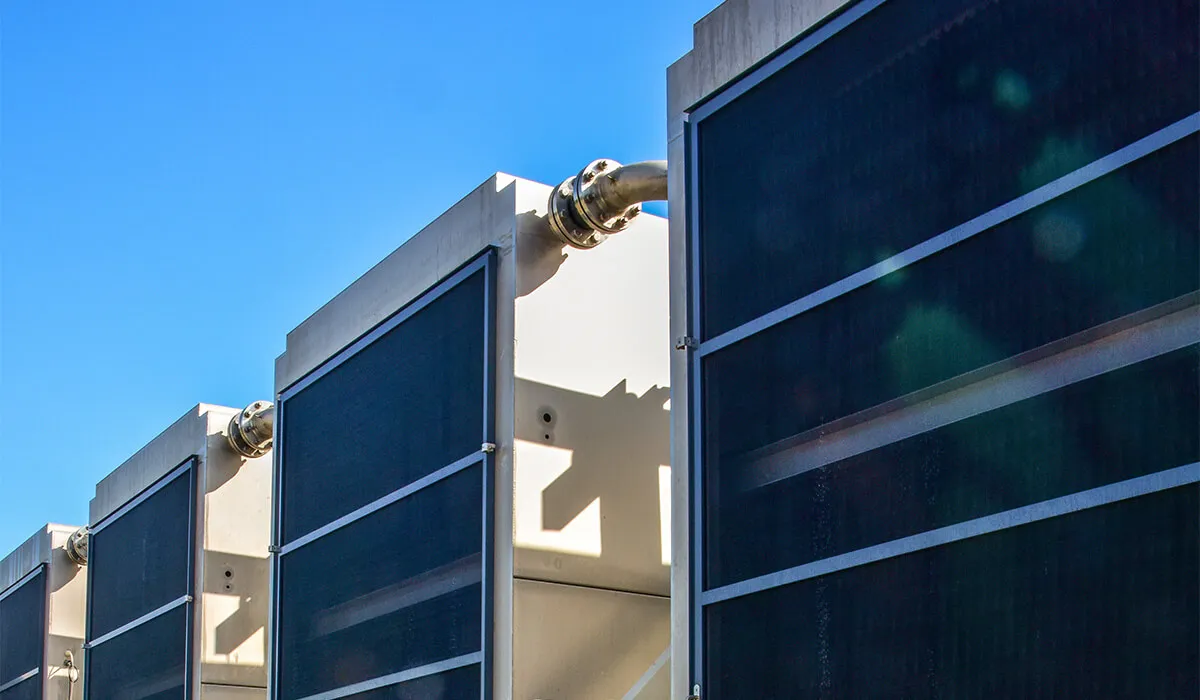 Close up of direct air capture air contactors against a bright blue sky.