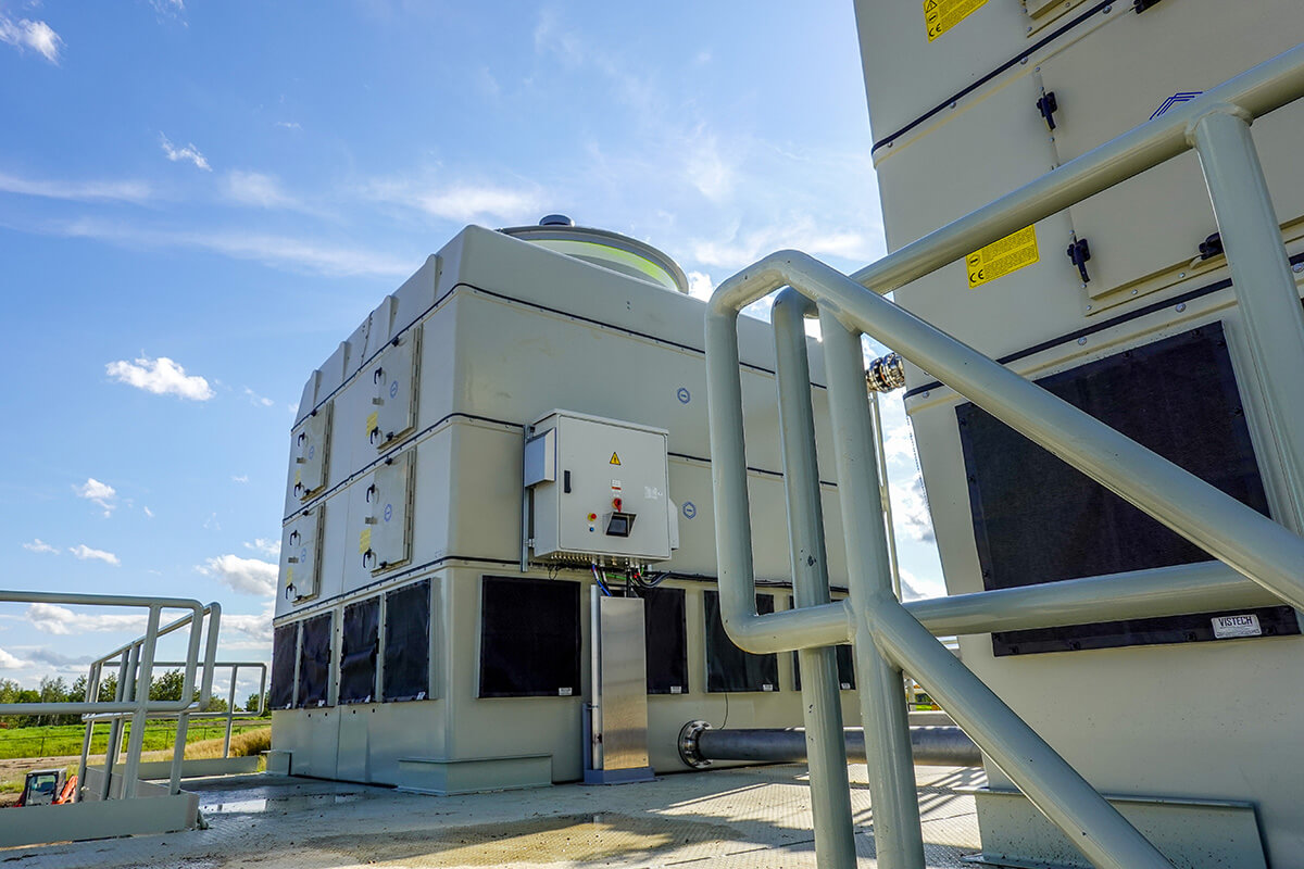 Steel platform with steel handrail to access air contactors on a direct air capture unit.
