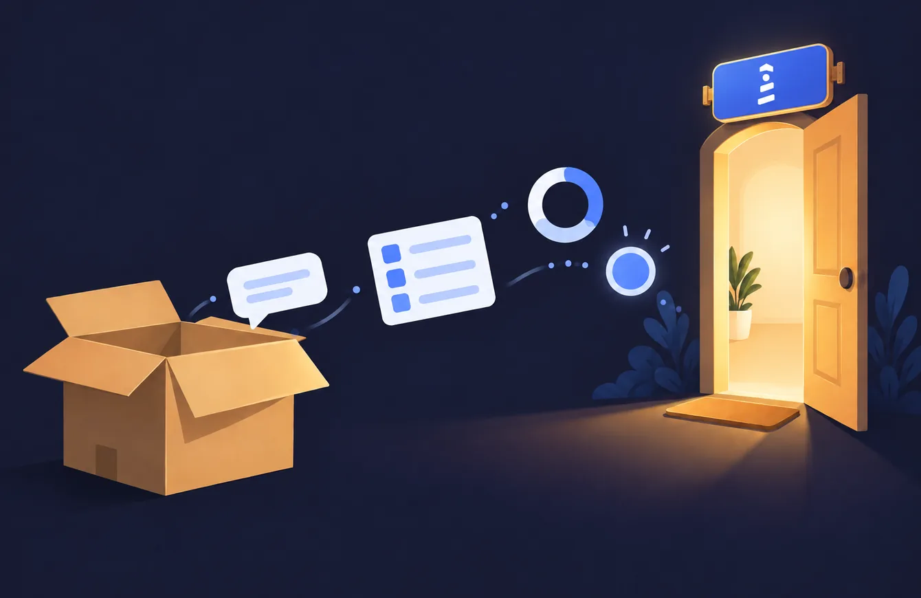 An open box with tooltip, checklist and progress-ring shapes moving toward a lit doorway with the UserGuiding mark above it
