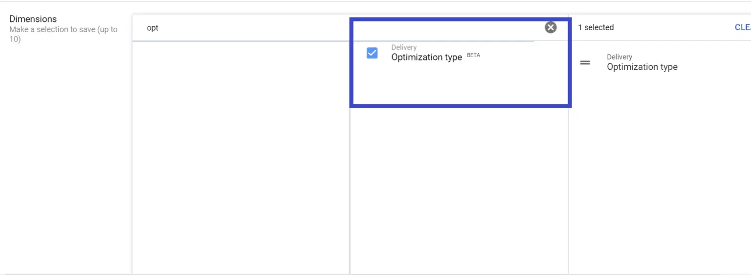 Google Ad Manager report settings showing optimization type dimension selection