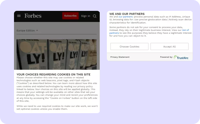 Forbes page cookie banner