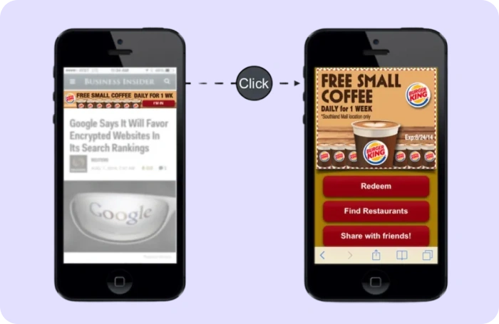 Example of a mobile banner ad leading to a Burger King promotional landing page after a click.