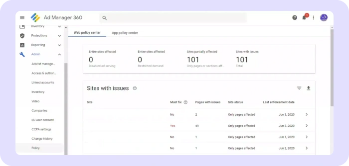Google Ad Manager policy center showing sites with issues and policy enforcement details
