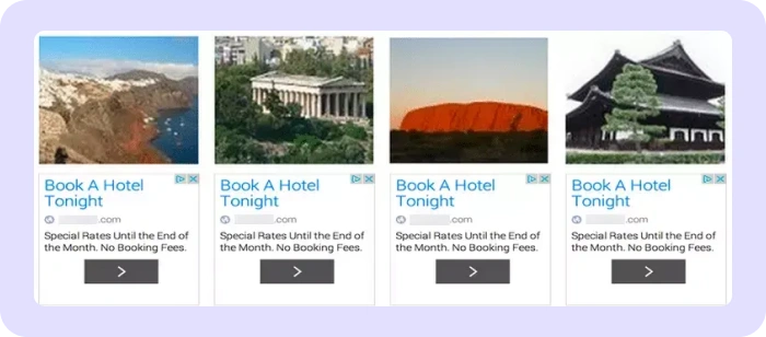 Example of misleading ad alignment showing hotel ads placed below unrelated travel images