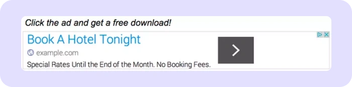 Example of a misleading ad offering free downloads for clicks, violating Google Ad policies