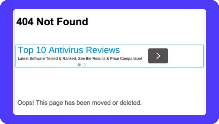 Example of a policy violation showing an ad displayed on a 404 error page