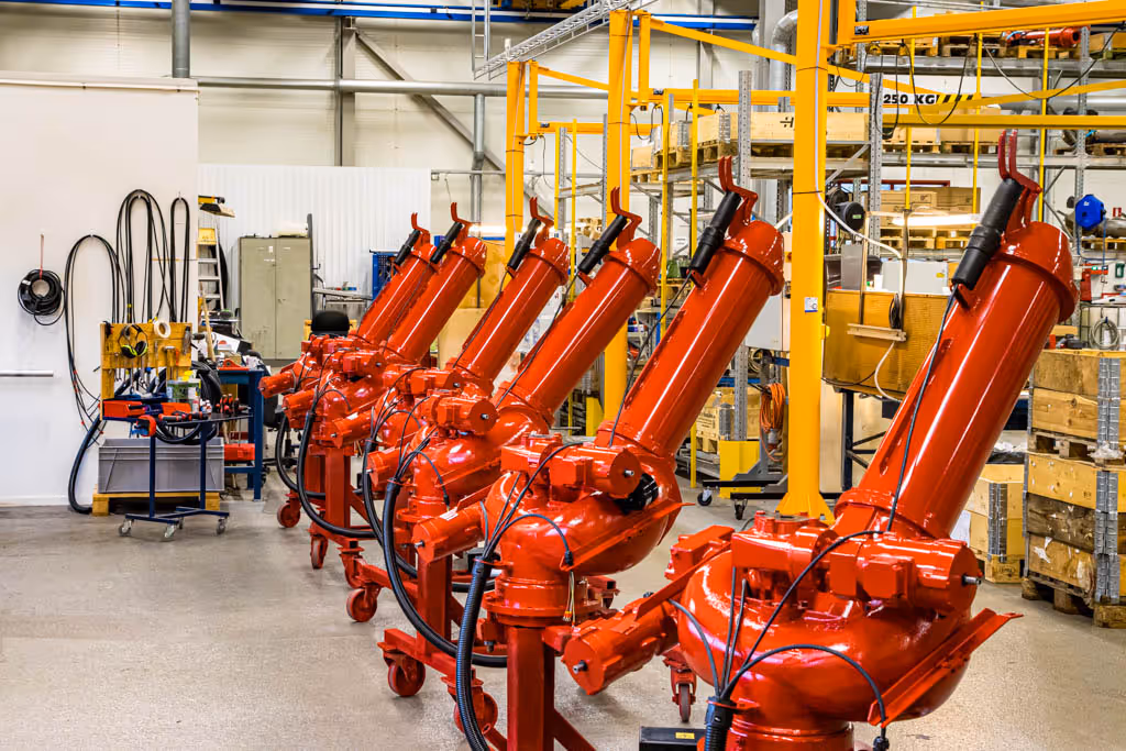 A lineup of our fire pumps stored in our warehouse