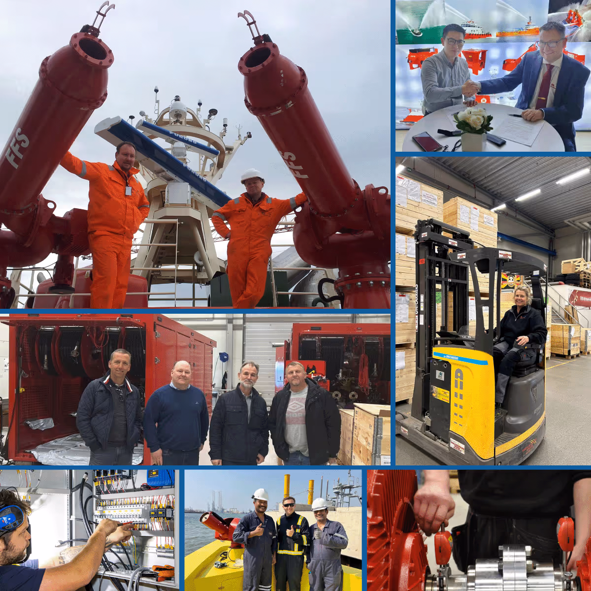 Collage of workers in various industrial settings including two men in orange suits on a ship with large red equipment, four men standing indoors in front of red machinery, a woman driving a yellow forklift in a warehouse, a man working on electrical wiring, three men in safety gear posing outdoors on a yellow platform, and a close-up of hands operating red industrial controls.