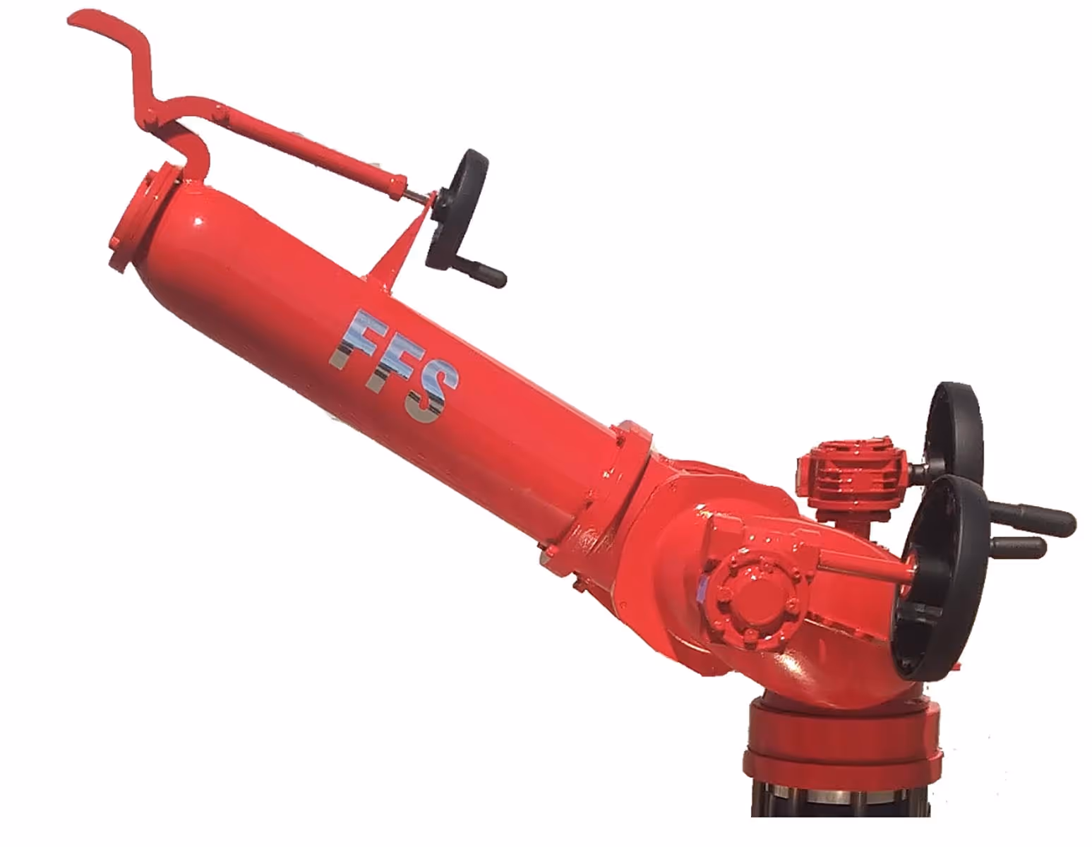Red industrial fire monitor with FFS label and dual black control wheels.