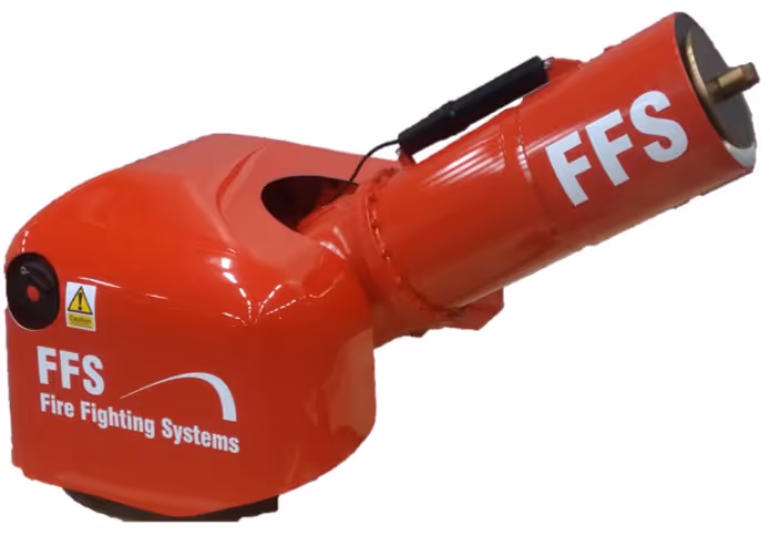 Red fire fighting system device labeled 'FFS Fire Fighting Systems' with a cylindrical nozzle.