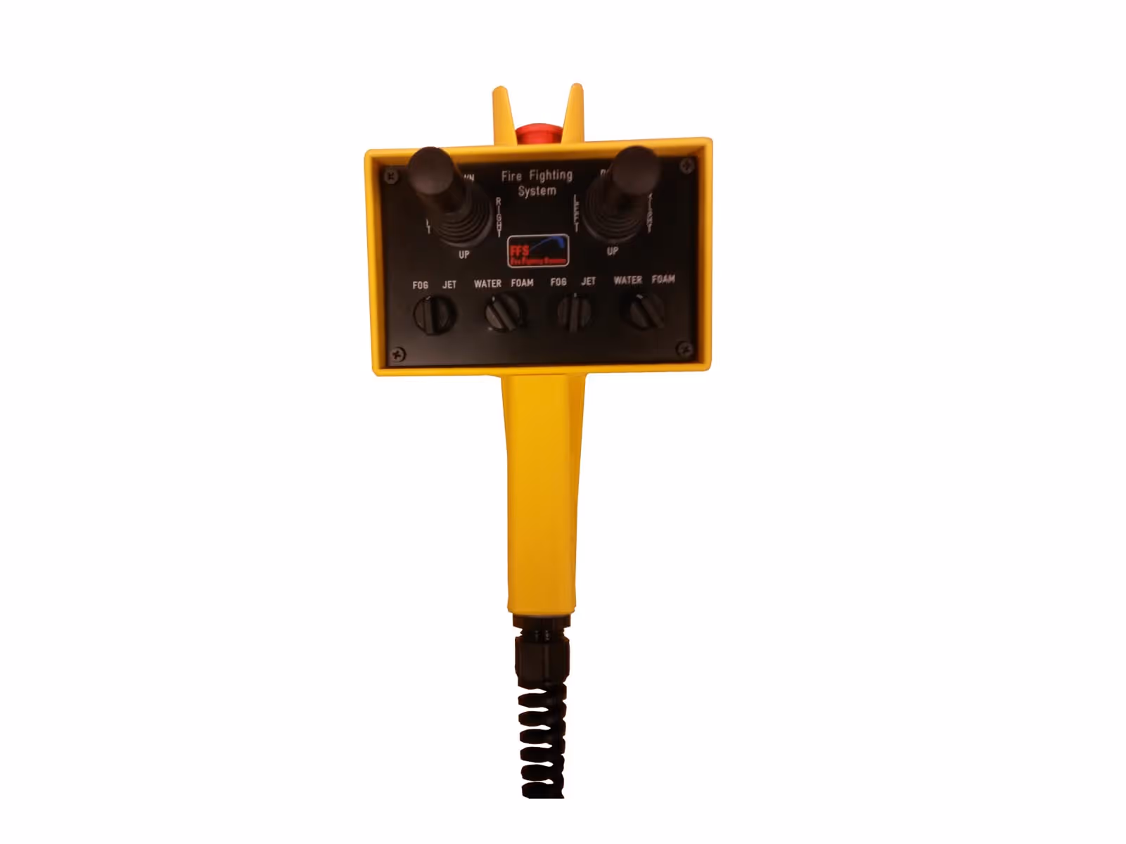 Yellow handheld fire fighting system control panel with two joysticks and four knobs labeled fog, jet, water, and foam.
