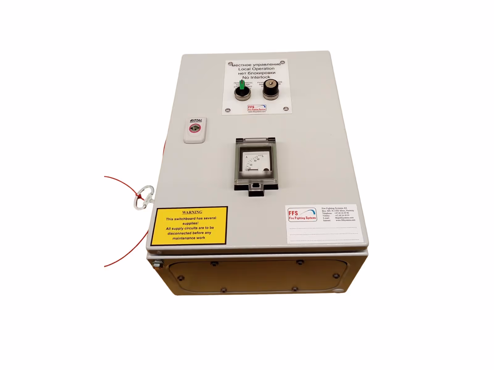 Gray electrical control box with a warning label, local operation switch, and an ammeter gauge on the front.