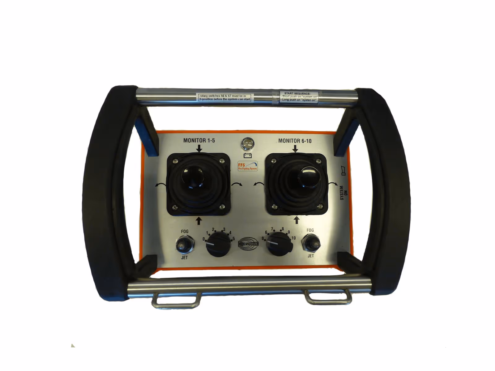 Wireless joystick control panel with two joysticks labeled Monitor 1-5 and Monitor 6-10, control knobs for fog and jet settings, and a protective frame.