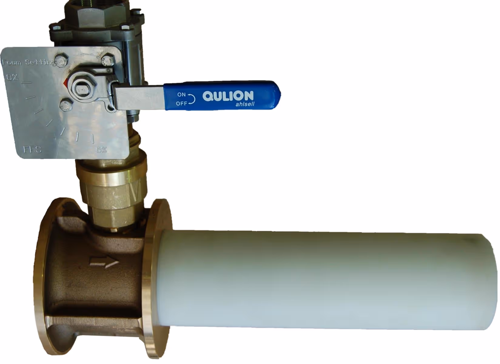 Industrial valve with a blue handle labeled QULION ahlsell and an attached gauge showing foam settings from 0% to 5%.