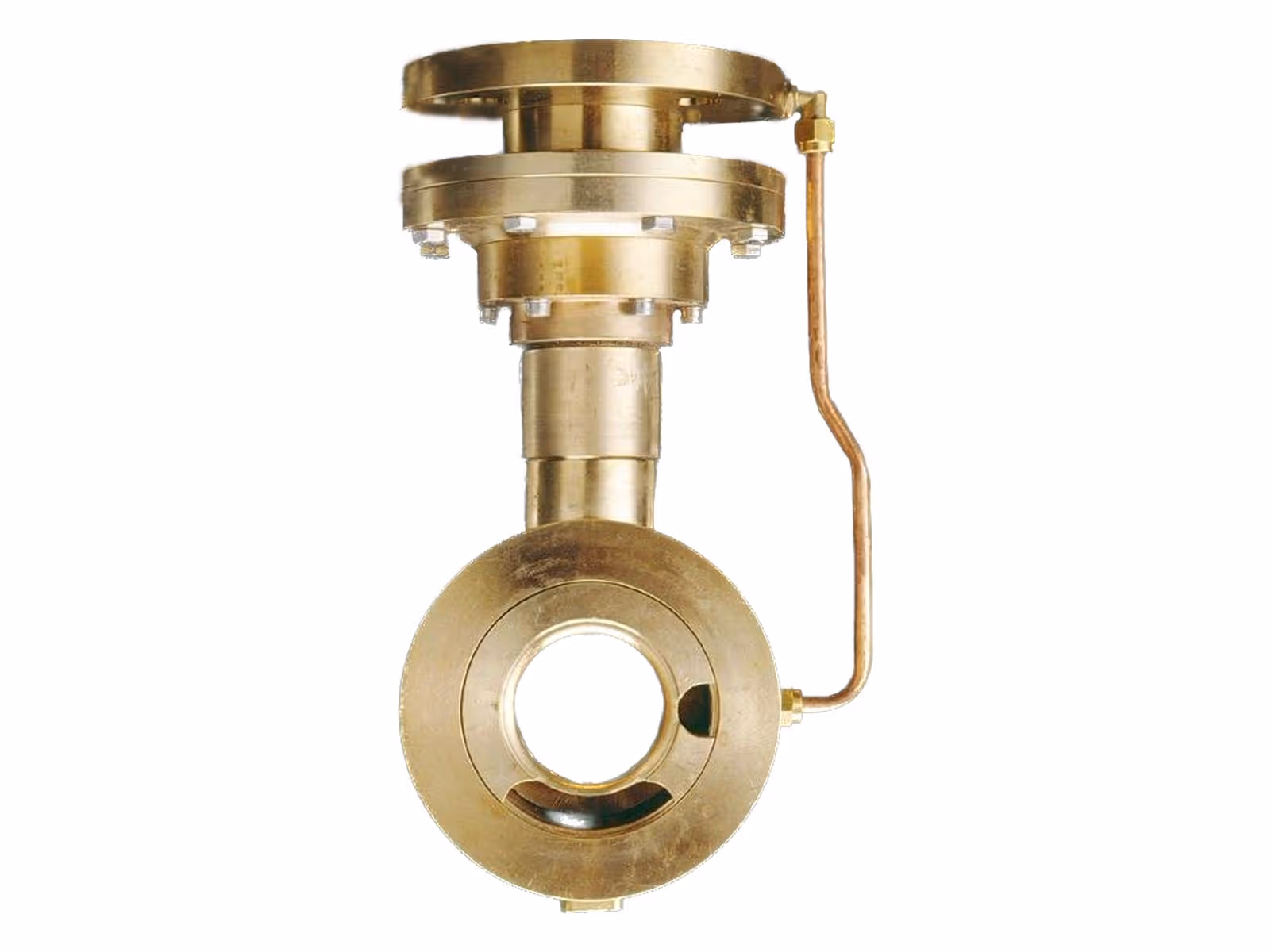 Brass industrial valve with circular opening and attached copper tubing.